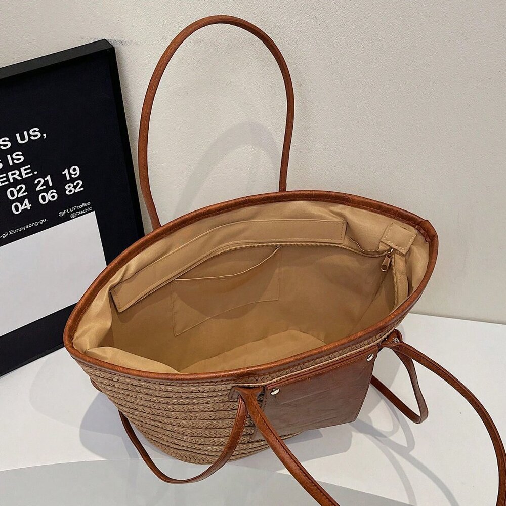 Khaki Casual Women's Woven Tote Large Capacity Beach Bag - Picture 5 of 5